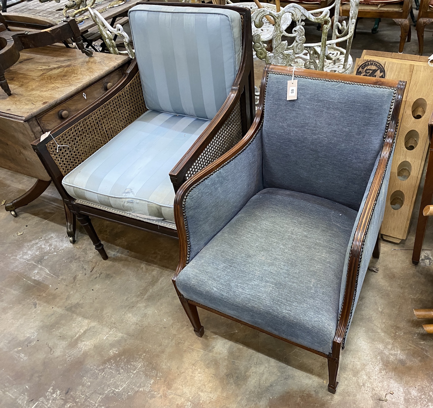 A Regency style mahogany bergere armchair, width 59cm, height 93cm (a.f.), together with an Edwardian upholstered armchair, NB: From the Estate of Rt Hon Lord Lawson of Blaby